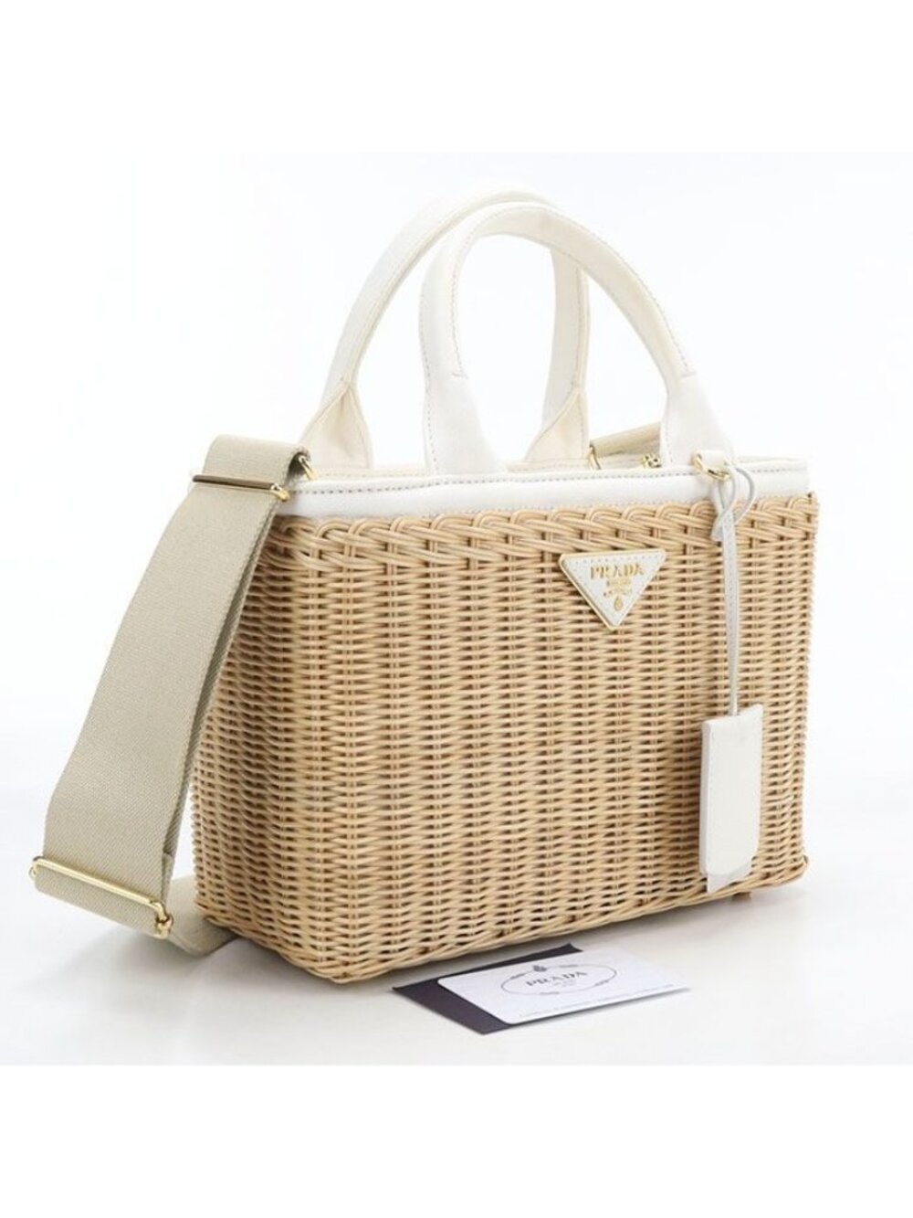 Prada Canvas Tote Bag 2-Way Medium Wicker Basket Rattan